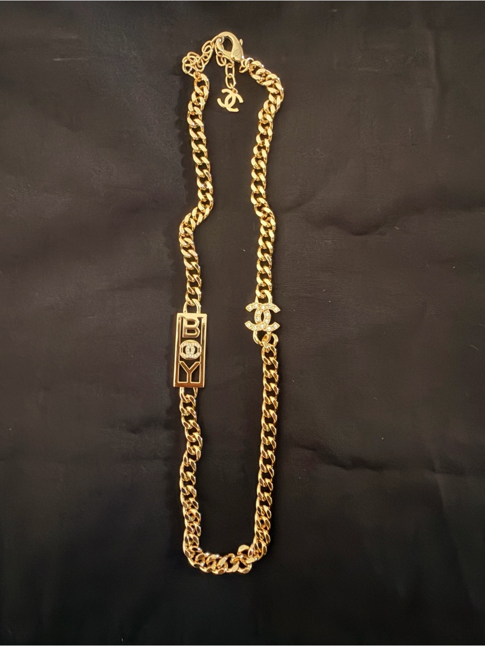 COCo Le “BOY' Chain Necklace with CC Charm with Crystals
